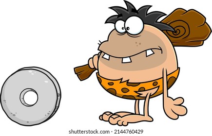 Caveman Cartoon Character With A Stone Wheel. Vector Hand Drawn Illustration Isolated On White Background
