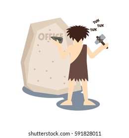 Caveman cartoon character writing on the rock with hammer.