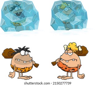 Caveman Cartoon Characters. Vector Hand Drawn Collection Set Isolated On White Background