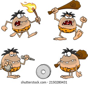 Caveman Cartoon Characters. Vector Hand Drawn Collection Set Isolated On White Background