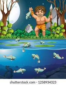 A caveman catching fish illustration