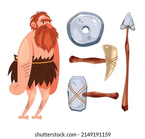 Caveman character with his personal weapon tools concept. Vector flat graphic design illustration