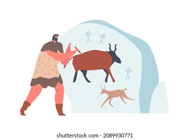 Caveman Character Wearing Pelt Painting Animals on Cave Wall. Ancient Period of Human Civilization, Neanderthal People Art and Lifestyle, Primitive Culture. Cartoon Vector Illustration