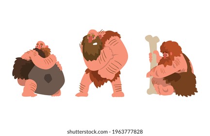 Caveman Characters Set, Funny Primitive Muscular Stone Age Men Cartoon Vector Illustration