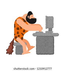 Caveman and computer. Prehistoric man and PC. ancient laptop.
