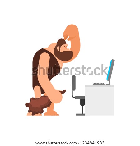 Caveman and computer. Prehistoric man and PC. ancient laptop.