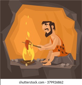 Caveman Is Cooking In Cave. Vector Flat Illustration