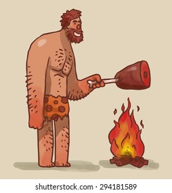 Caveman Cooking Meat On Fire, Vector