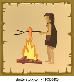 Caveman cooking. Vector flat cartoon illustration