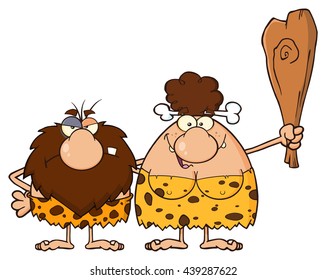 Caveman Couple Cartoon Mascot Characters With Brunette Woman Holding A Club. Vector Illustration Isolated On White Background