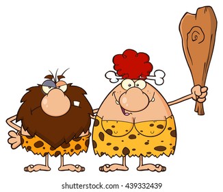 Caveman Couple Cartoon Mascot Characters With Red Hair Woman Holding A Club. Vector Illustration Isolated On White Background