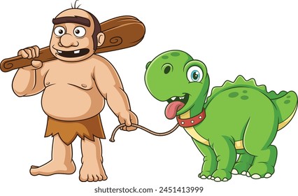 Caveman with dinosaur dog vector illustration