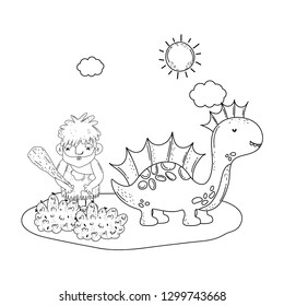 caveman with dinosaur in the landscape