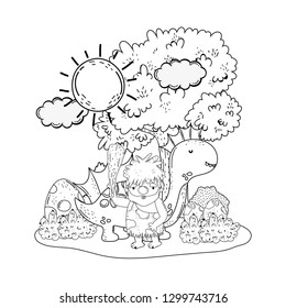 caveman with dinosaur in the landscape