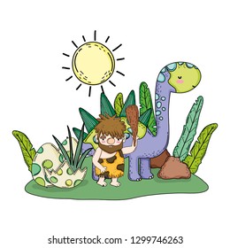caveman with dinosaur in the landscape