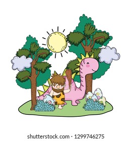 caveman with dinosaur in the landscape
