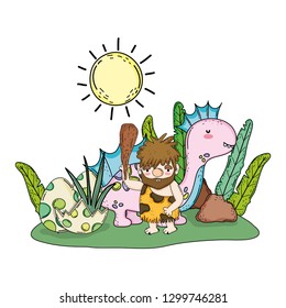 caveman with dinosaur in the landscape