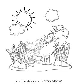 caveman with dinosaur in the landscape