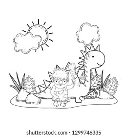 caveman with dinosaur in the landscape