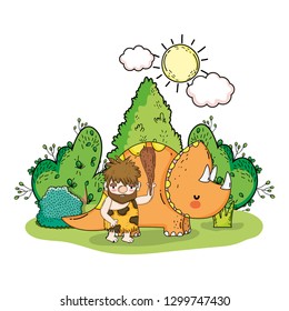 caveman with dinosaur in the landscape