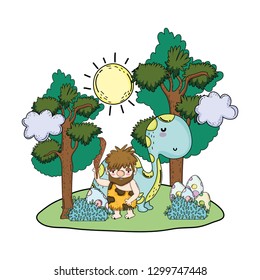 caveman with dinosaur in the landscape