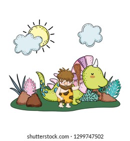 caveman with dinosaur in the landscape