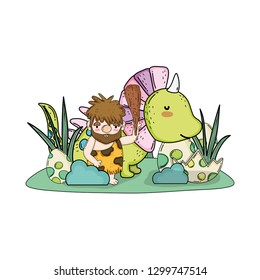 caveman with dinosaur in the landscape