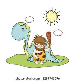 caveman with dinosaur in the landscape