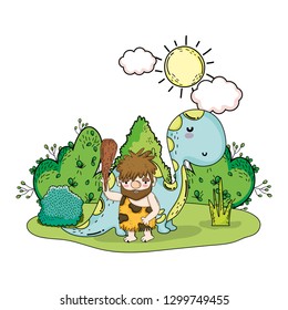 caveman with dinosaur in the landscape