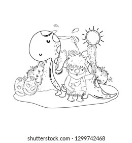 caveman with dinosaur in the landscape and volcano
