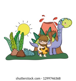 caveman with dinosaur in the landscape and volcano