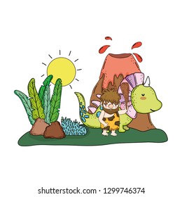 caveman with dinosaur in the landscape and volcano
