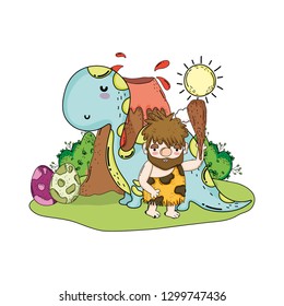 caveman with dinosaur in the landscape and volcano