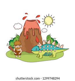 caveman with dinosaur in the landscape and volcano