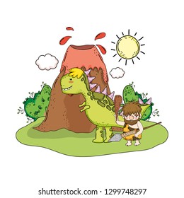 caveman with dinosaur in the landscape and volcano