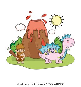 caveman with dinosaur in the landscape and volcano
