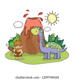 caveman with dinosaur in the landscape and volcano