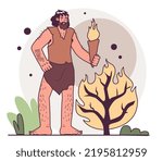 Caveman discovering fire. Controlled use of fire for cooking, planting, making stone tools and ceramic objects. Humanity ancestors, anthropology studying concept. Flat vector illustration
