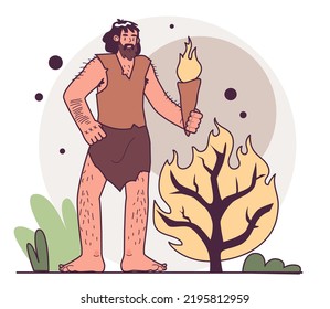 Caveman discovering fire. Controlled use of fire for cooking, planting, making stone tools and ceramic objects. Humanity ancestors, anthropology studying concept. Flat vector illustration