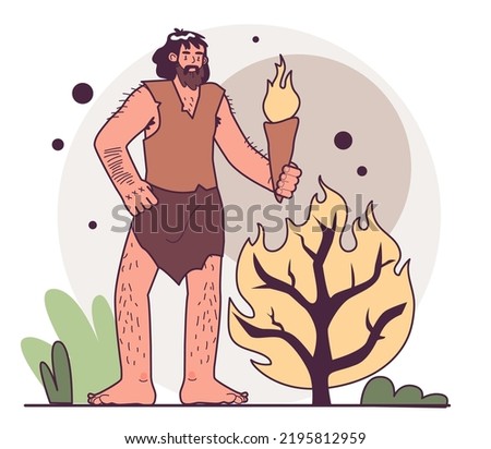 Caveman discovering fire. Controlled use of fire for cooking, planting, making stone tools and ceramic objects. Humanity ancestors, anthropology studying concept. Flat vector illustration