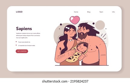 Caveman family. Prehistoric neanderthal couple with kid. Human evolution theory. Humanity ancestors, anthropology studying concept. Flat vector illustration