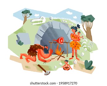 Caveman family preparing food on fire in Stone Age. Prehistoric ancient history vector illustration. Happy man, woman, small children together. Savage people outdoor in summer.