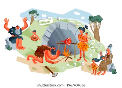 Caveman family preparing food on fire in Stone Age. Prehistoric ancient history vector illustration. Happy man, woman, senior adults, children together. Savage people outdoor in summer.