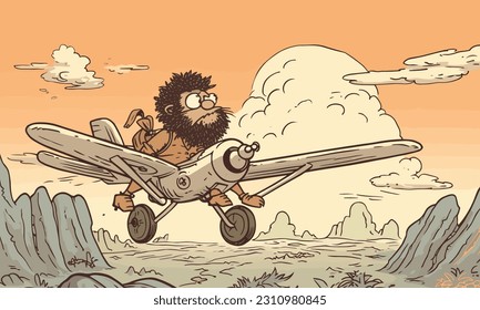 A caveman flying a plane