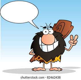 Caveman Gesturing The Peace Sign With His Hand And Speech Bubble.Vector Illustration