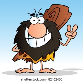 Caveman Gesturing The Peace Sign With His Hand.Vector Illustration