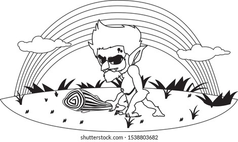 caveman gnome with rainbow magic character vector illustration design