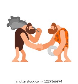 Caveman handshake Businessman deal. Prehistoric man Handshake. Stone age Business
