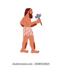 Hombre de las cavernas sosteniendo un martillo. Ilustración vectorial de un hombre prehistórico con el pelo largo y la barba, con un taparrabos, y llevando una herramienta de piedra. Perfecto para temas educativos o históricos.