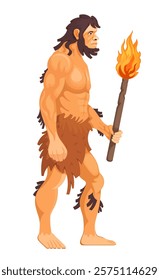 Caveman holds a torch with fire vector illustration
